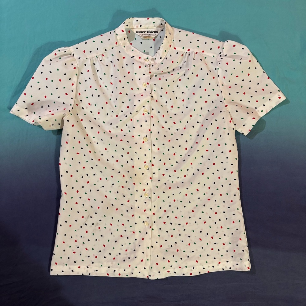 vintage ship’n shore white button up blouse w/ diamond confetti party print 🔸♦️🔷 - Picture 9 of 15